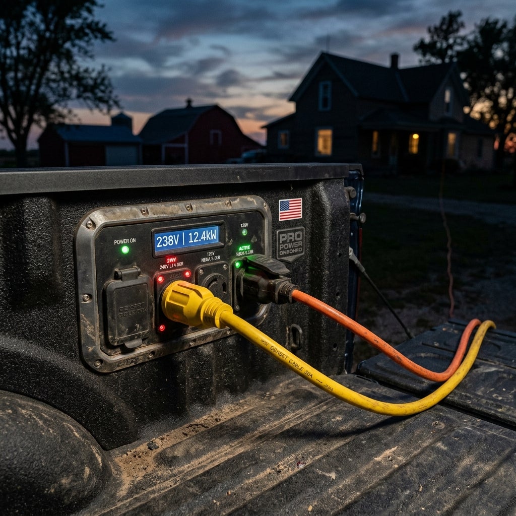 Power panel in a truck bed displaying 238V and 12.4kW with yellow and orange cables connected to a house at dusk. (Representative image for illustration purposes only. Actual vehicle may vary based on trim and configuration.)