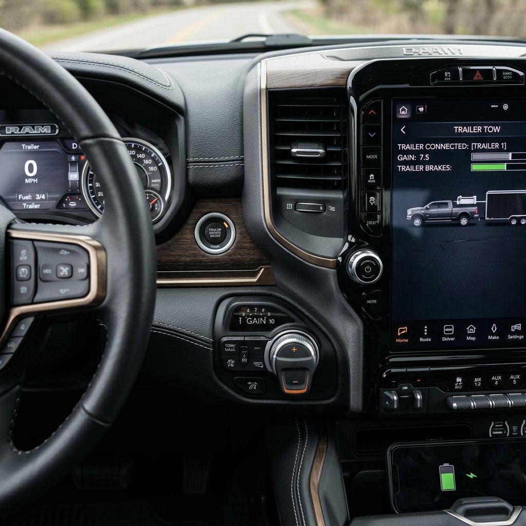 Interior of a RAM truck displaying the trailer tow menu on the center touchscreen and integrated brake controller. (Representative image for illustration purposes only. Actual vehicle may vary based on trim and configuration.)