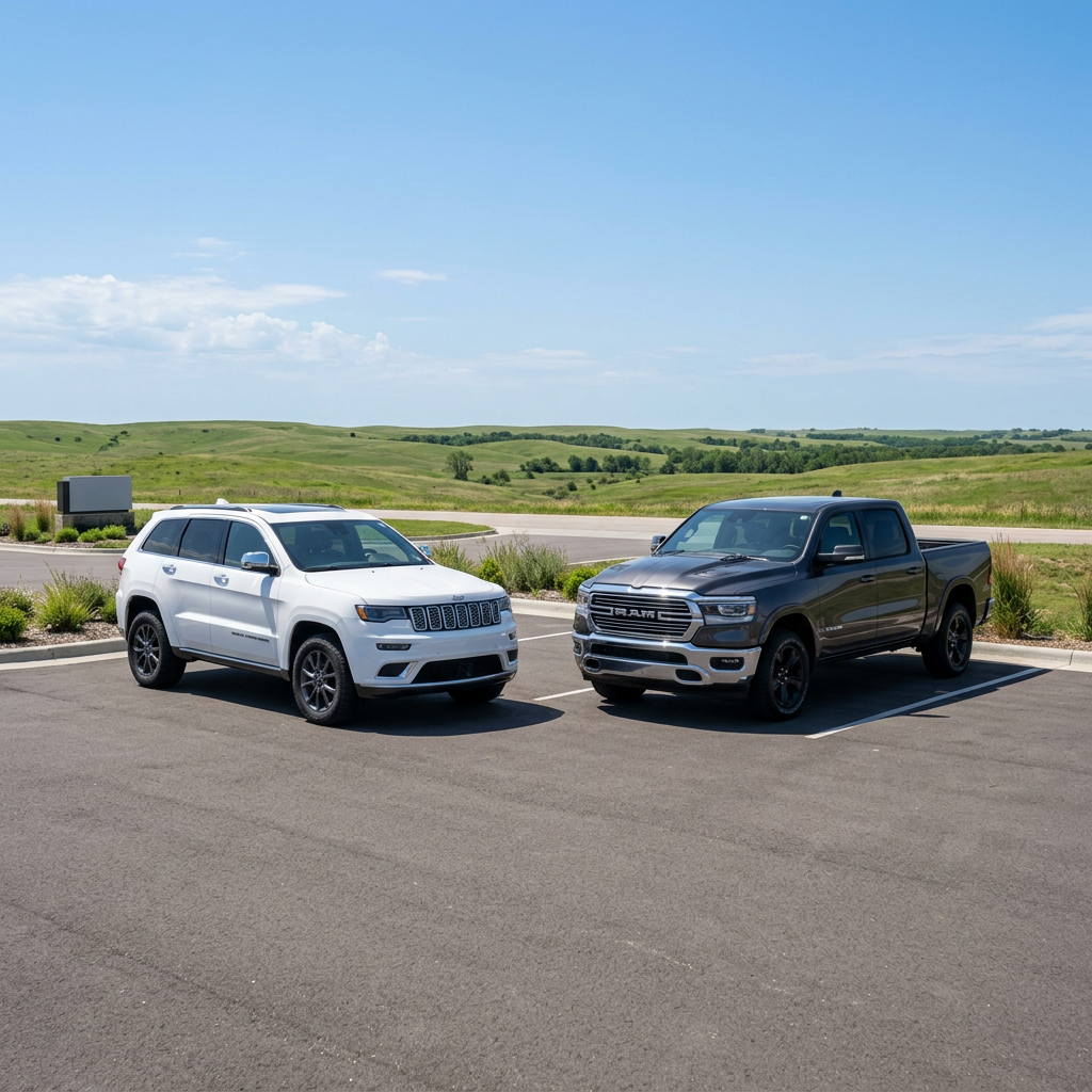 A white Jeep Grand Cherokee and a grey Ram 1500 pickup truck parked side by side in an asphalt lot. (Representative image for illustration purposes only. Actual vehicle may vary based on trim and configuration.)