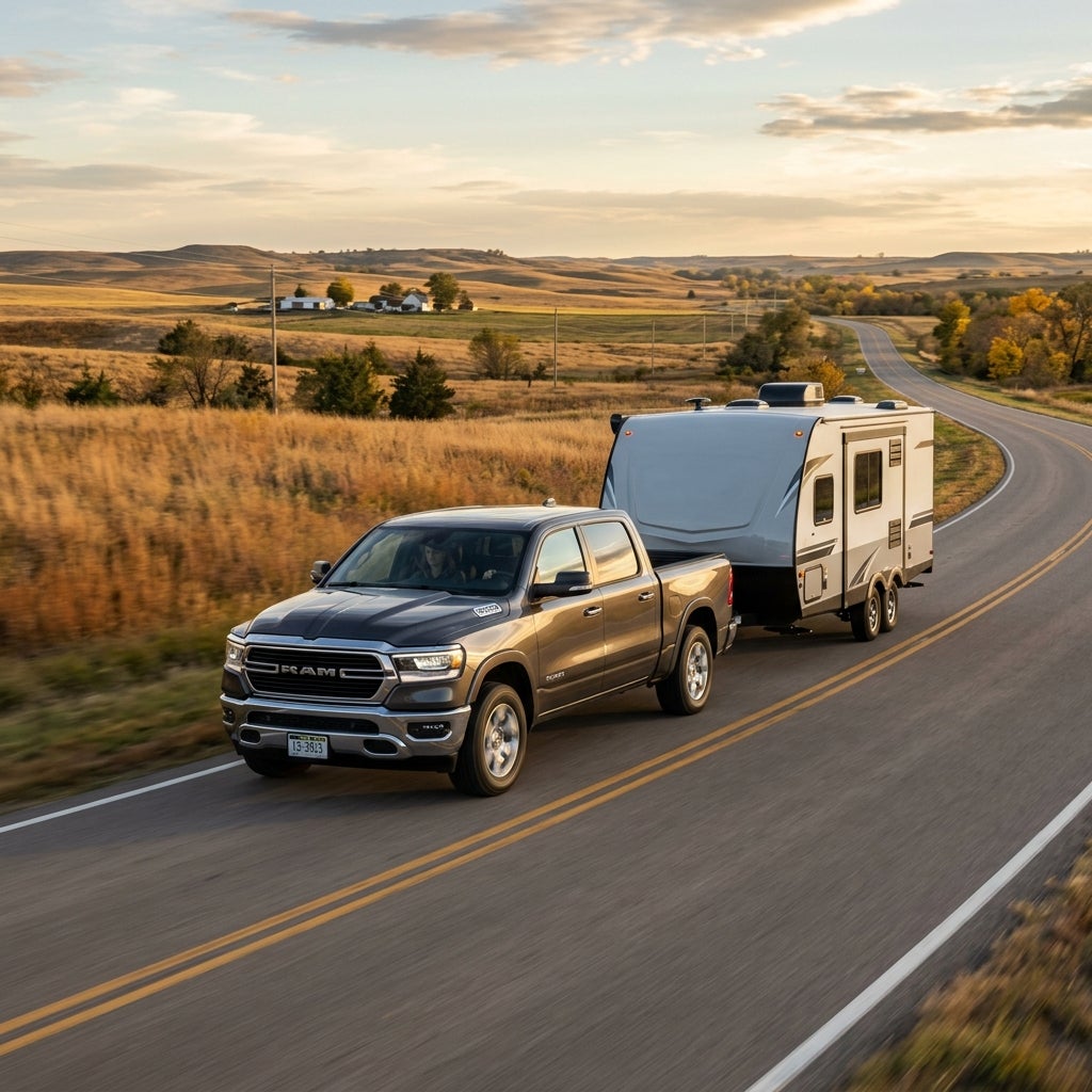 A dark grey Ram pickup truck towing a white travel trailer on a winding rural road at sunset. (Representative image for illustration purposes only. Actual vehicle may vary based on trim and configuration.)