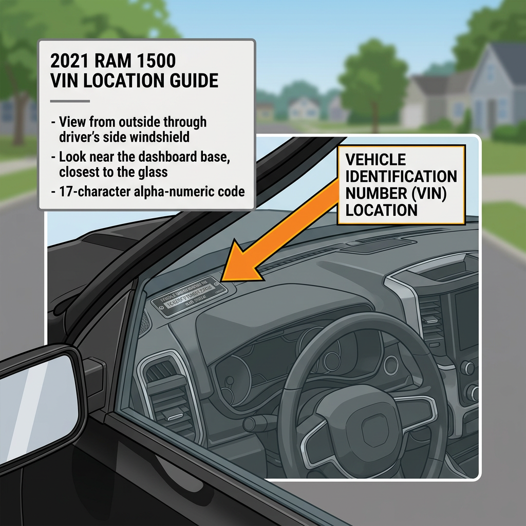 Diagram showing the VIN location on a 2021 RAM 1500 through the driver's side windshield. (Representative image for illustration purposes only. Actual vehicle may vary based on trim and configuration.)