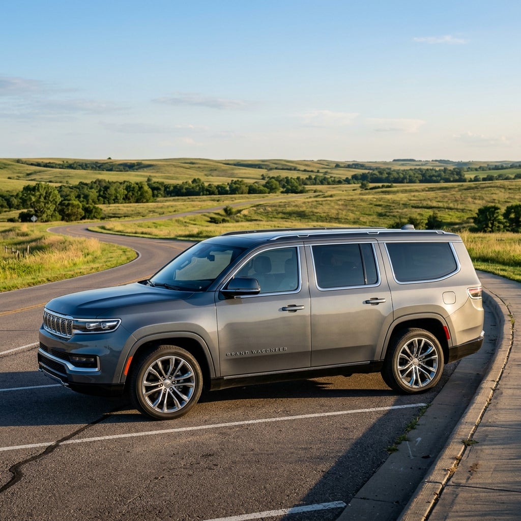 Profile view of a grey Jeep Grand Wagoneer parked near a winding road in rolling green hills. (Representative image for illustration purposes only. Actual vehicle may vary based on trim and configuration.)