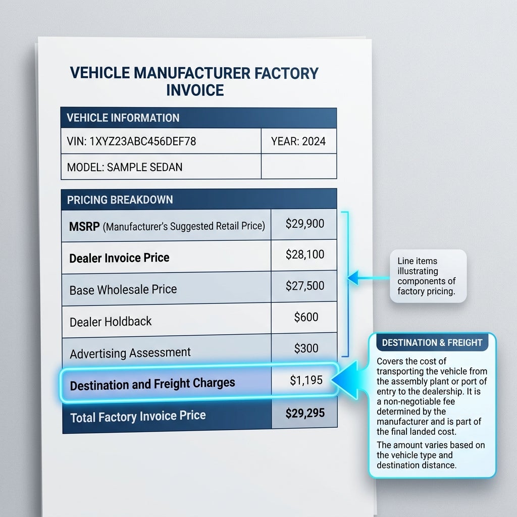 Diagram of a 2024 vehicle manufacturer factory invoice breaking down MSRP, dealer price, and destination charges. (Representative image for illustration purposes only. Actual vehicle may vary based on trim and configuration.)