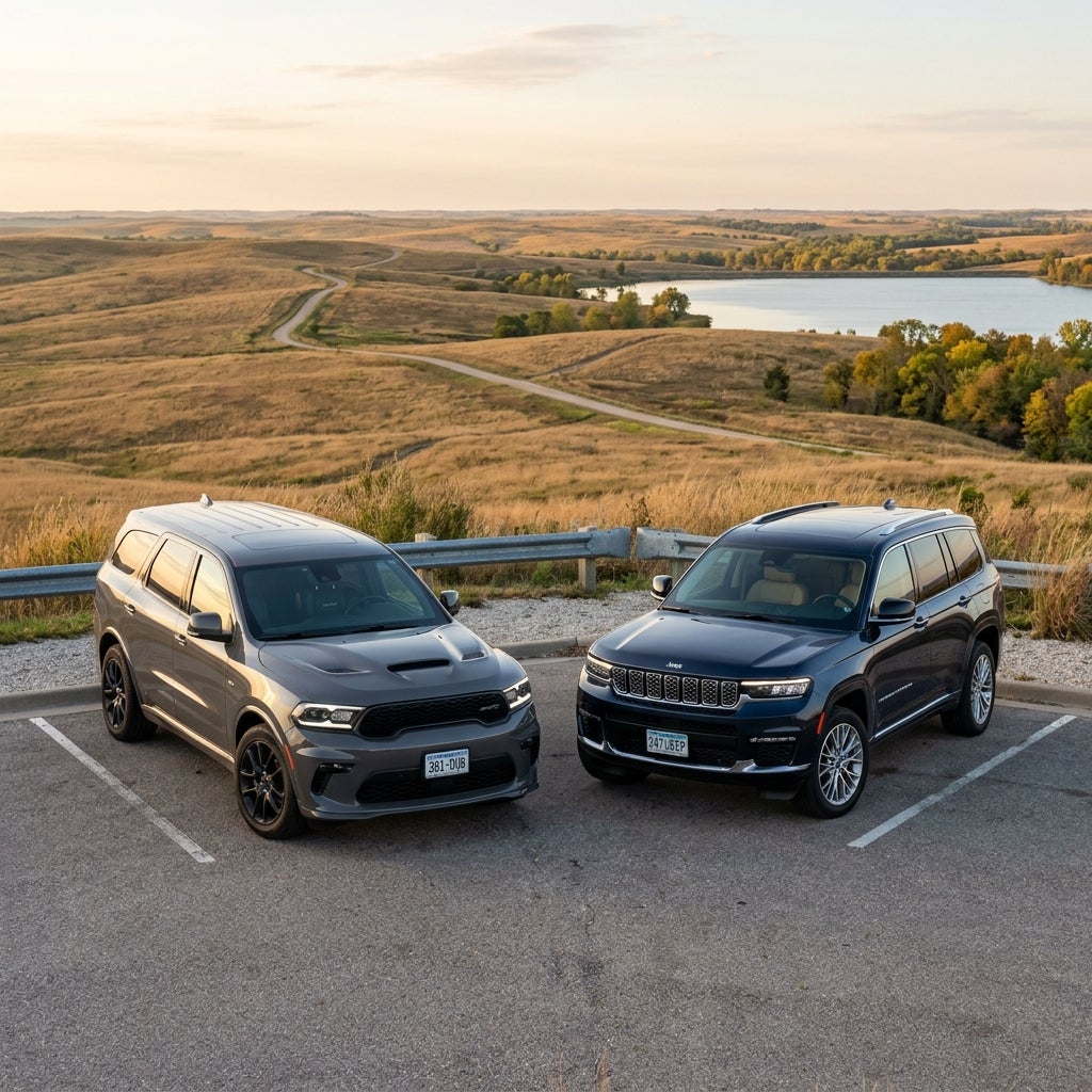 Grey Dodge Durango and dark blue Jeep Grand Cherokee parked side by side at a scenic overlook. (Representative image for illustration purposes only. Actual vehicle may vary based on trim and configuration.)