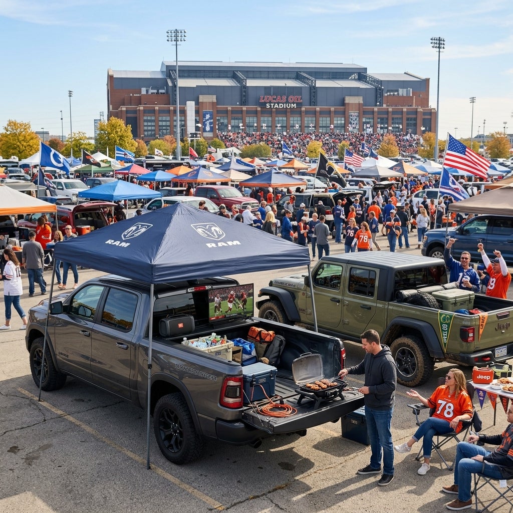Tailgaters grilling food and watching a game on a TV in a Ram truck bed outside Lucas Oil Stadium. (Representative image for illustration purposes only. Actual vehicle may vary based on trim and configuration.)