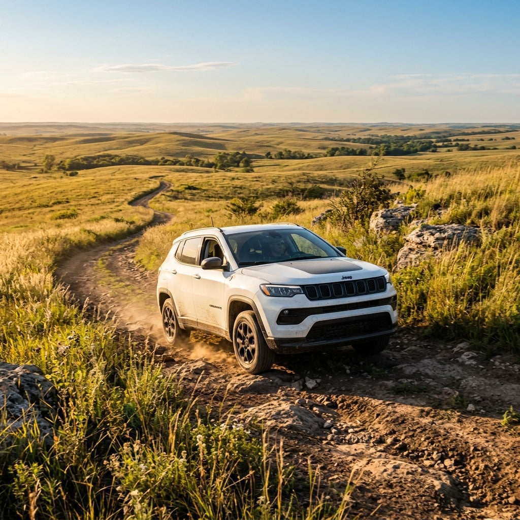 A white Jeep SUV driving along a rugged dirt trail through rolling golden hills under a bright sky. (Representative image for illustration purposes only. Actual vehicle may vary based on trim and configuration.)