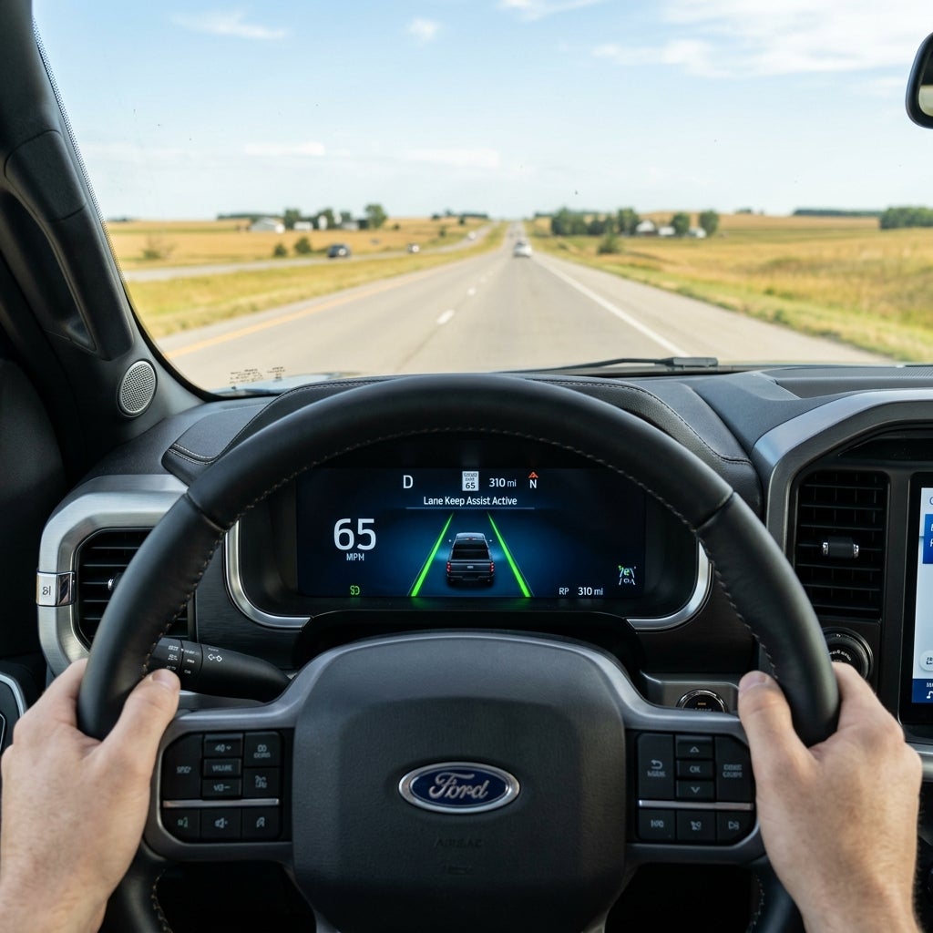 Driver's point of view holding a Ford steering wheel while Lane Keep Assist is active on a rural highway. (Representative image for illustration purposes only. Actual vehicle may vary based on trim and configuration.)