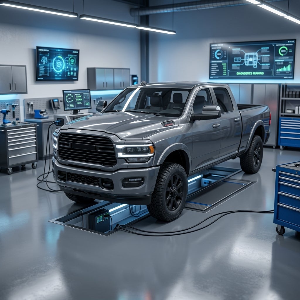 A grey pickup truck undergoing digital diagnostics over a service pit in a modern automotive workshop. (Representative image for illustration purposes only. Actual vehicle may vary based on trim and configuration.)