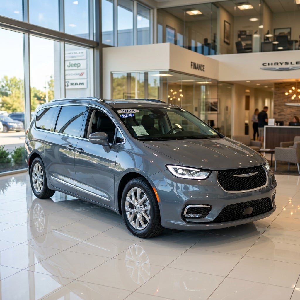 A gray 2025 Chrysler Pacifica minivan parked on polished tiles inside a bright car dealership showroom. (Representative image for illustration purposes only. Actual vehicle may vary based on trim and configuration.)