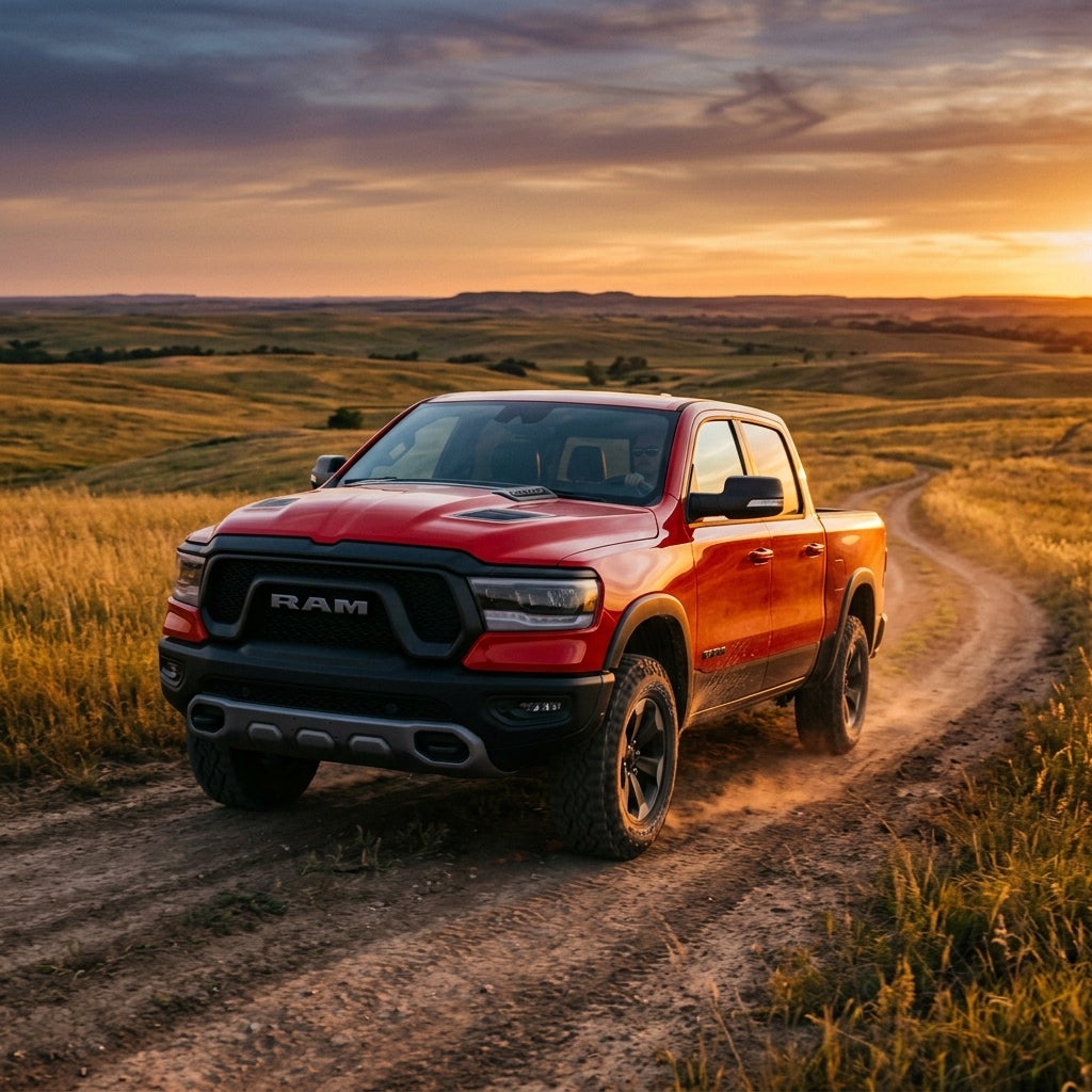 A red Ram pickup truck driving down a dirt trail through rolling hills at sunset. (Representative image for illustration purposes only. Actual vehicle may vary based on trim and configuration.)