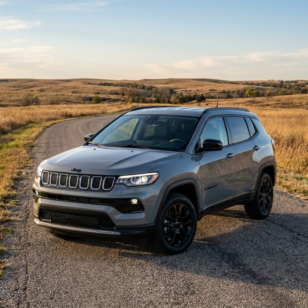 A gray Jeep Compass SUV parked on a narrow road with golden grassy rolling hills in the background. (Representative image for illustration purposes only. Actual vehicle may vary based on trim and configuration.)