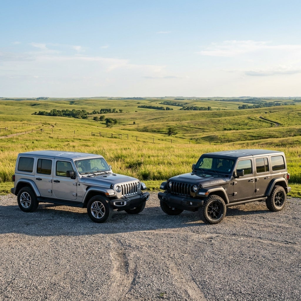 Silver and dark grey Jeep Wranglers parked side by side on a gravel road overlooking rolling green hills. (Representative image for illustration purposes only. Actual vehicle may vary based on trim and configuration.)