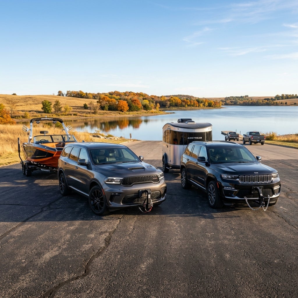 A grey Dodge Durango towing a boat and a black Jeep towing an Airstream trailer near a lake in autumn. (Representative image for illustration purposes only. Actual vehicle may vary based on trim and configuration.)