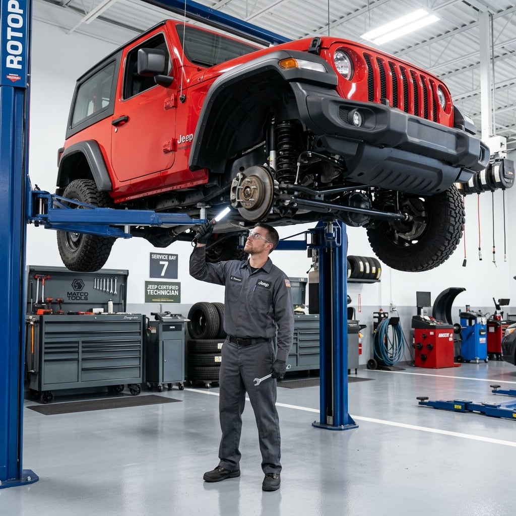 Mechanic holding a flashlight and inspecting the underside of a red Jeep Wrangler raised on a hydraulic lift. (Representative image for illustration purposes only. Actual vehicle may vary based on trim and configuration.)