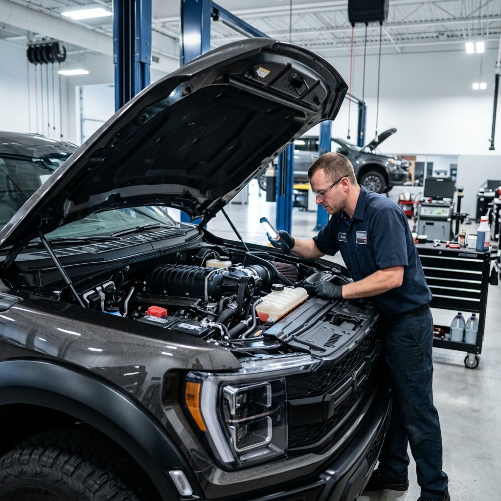 Mechanic wearing safety glasses inspects a supercharged truck engine bay with a flashlight in an auto repair shop. (Representative image for illustration purposes only. Actual vehicle may vary based on trim and configuration.)