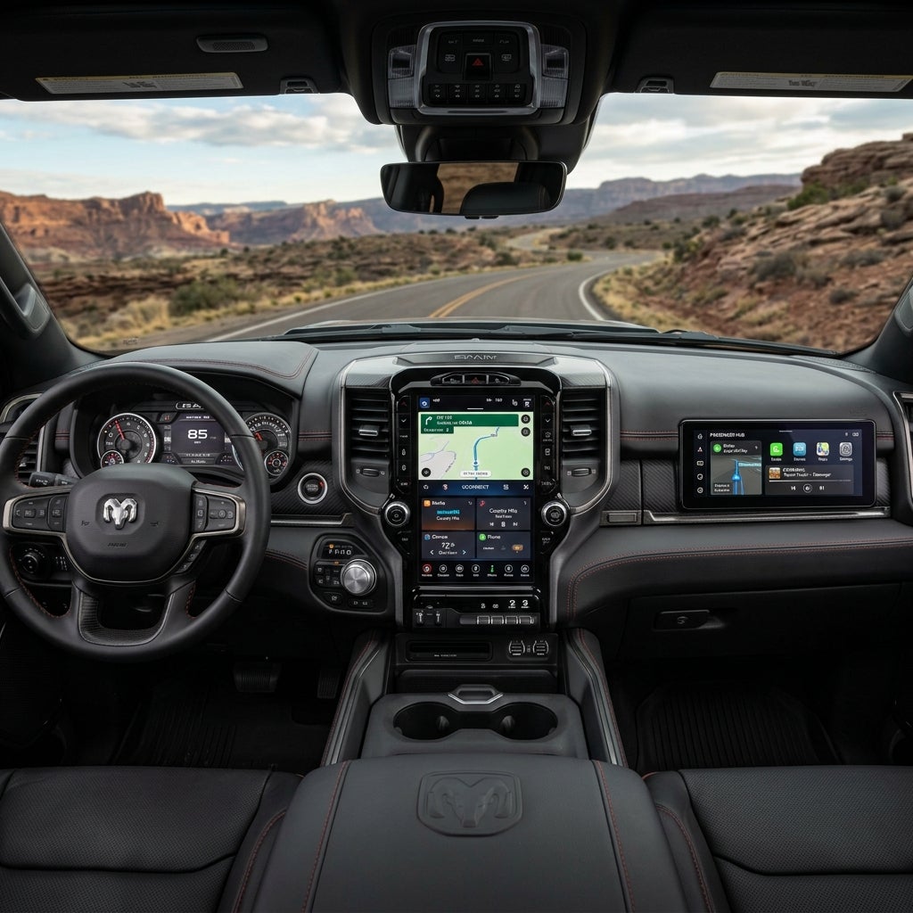 Interior dashboard of a modern Ram truck showing multiple digital displays with a scenic desert road ahead. (Representative image for illustration purposes only. Actual vehicle may vary based on trim and configuration.)