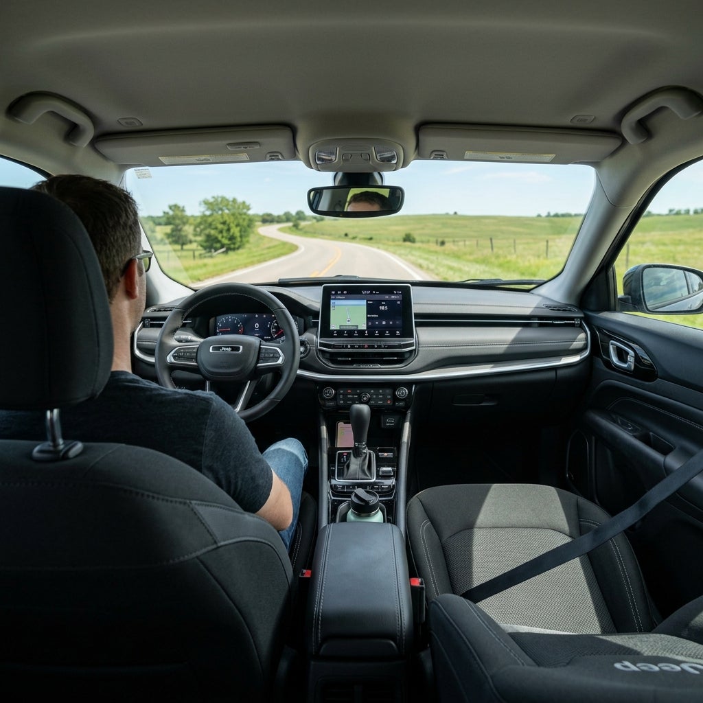 View from the back seat of a driver steering a modern SUV down a winding rural road on a sunny day. (Representative image for illustration purposes only. Actual vehicle may vary based on trim and configuration.)