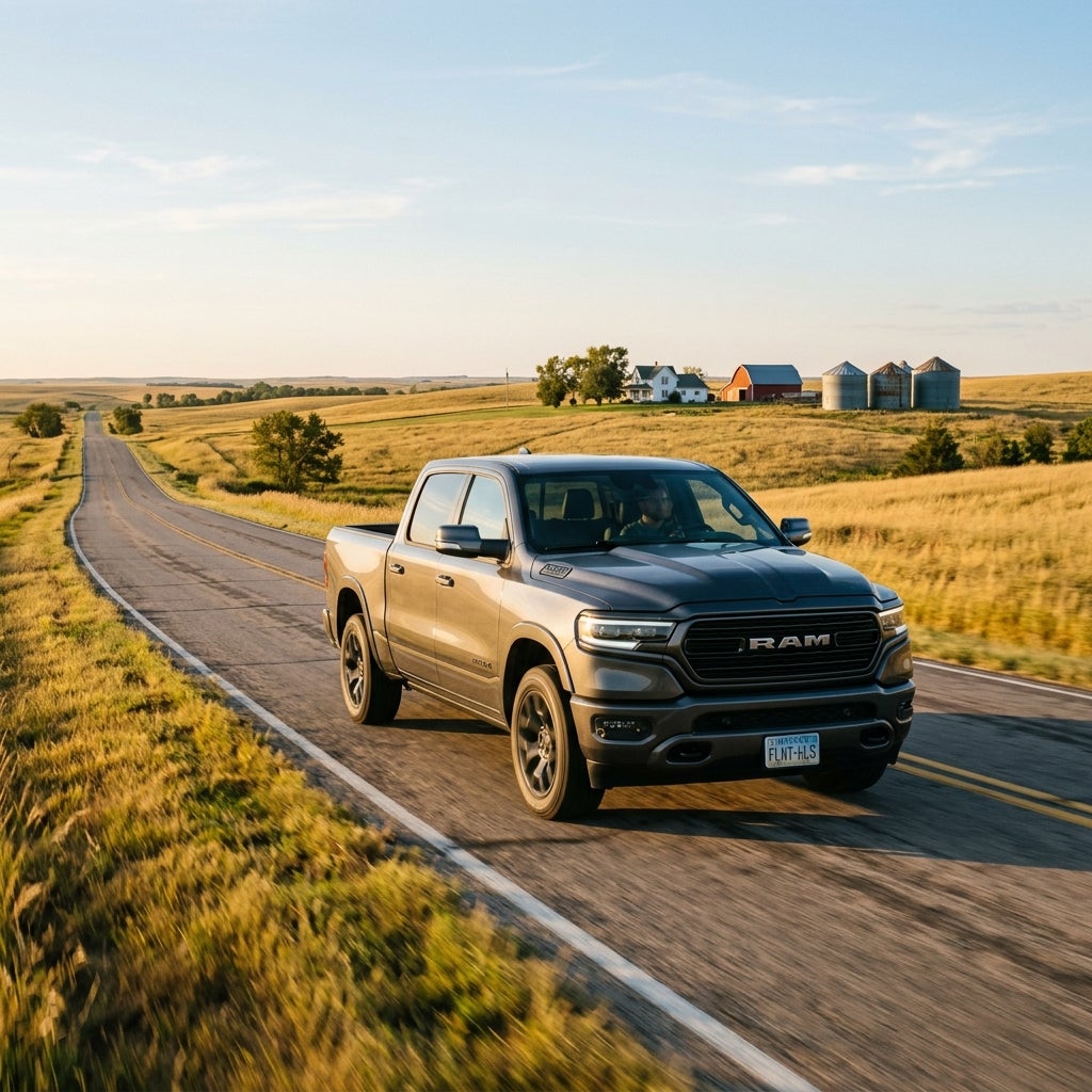 A dark gray RAM pickup truck driving along a two-lane country road past rolling golden farm fields. (Representative image for illustration purposes only. Actual vehicle may vary based on trim and configuration.)