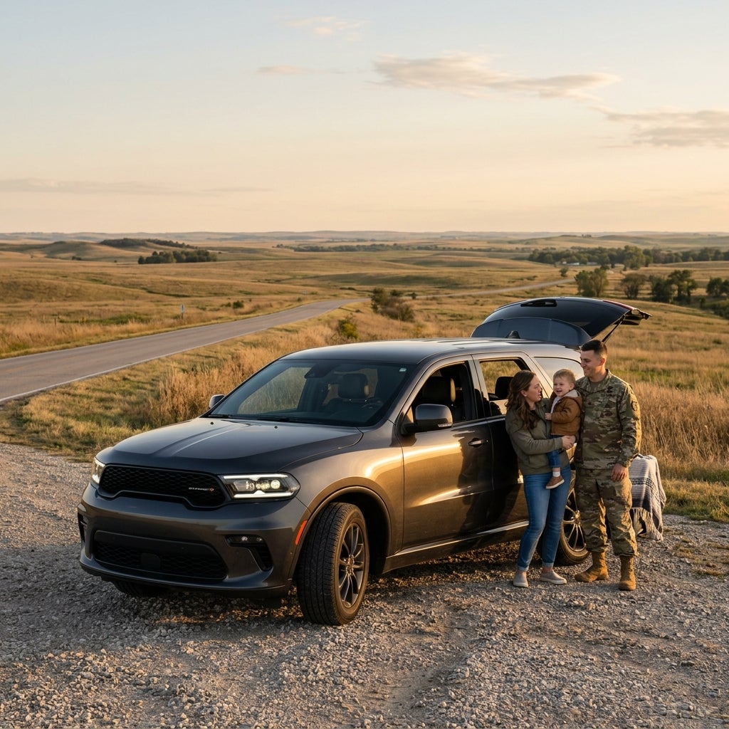 A military family stands beside a dark gray SUV parked on a gravel road in the countryside at sunset. (Representative image for illustration purposes only. Actual vehicle may vary based on trim and configuration.)