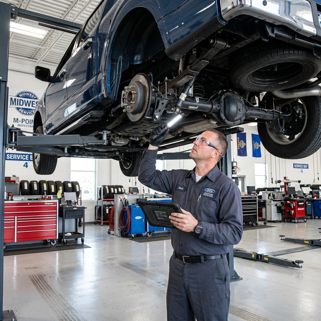 A mechanic inspecting the undercarriage of a blue truck on a lift using a work light and tablet in an auto shop. (Representative image for illustration purposes only. Actual vehicle may vary based on trim and configuration.)
