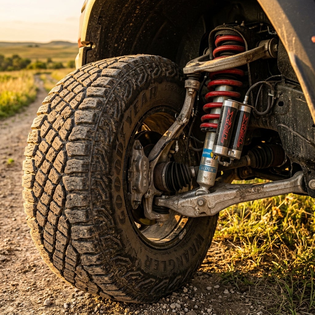 Ram TRX front suspension featuring red coil springs, Bilstein shock absorbers, and a Goodyear Wrangler tire. (Representative image for illustration purposes only. Actual vehicle may vary based on trim and configuration.)