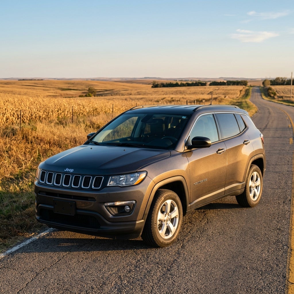 A dark metallic grey Jeep Compass parked on a paved country road next to golden fields at sunset. (Representative image for illustration purposes only. Actual vehicle may vary based on trim and configuration.)
