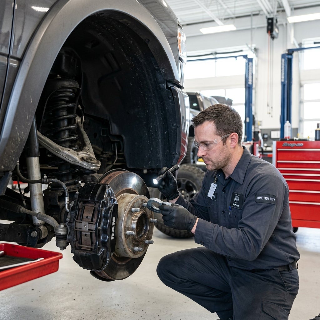 A mechanic in safety glasses and gloves uses a flashlight and gauge to inspect a truck's disc brake rotor in a garage. (Representative image for illustration purposes only. Actual vehicle may vary based on trim and configuration.)
