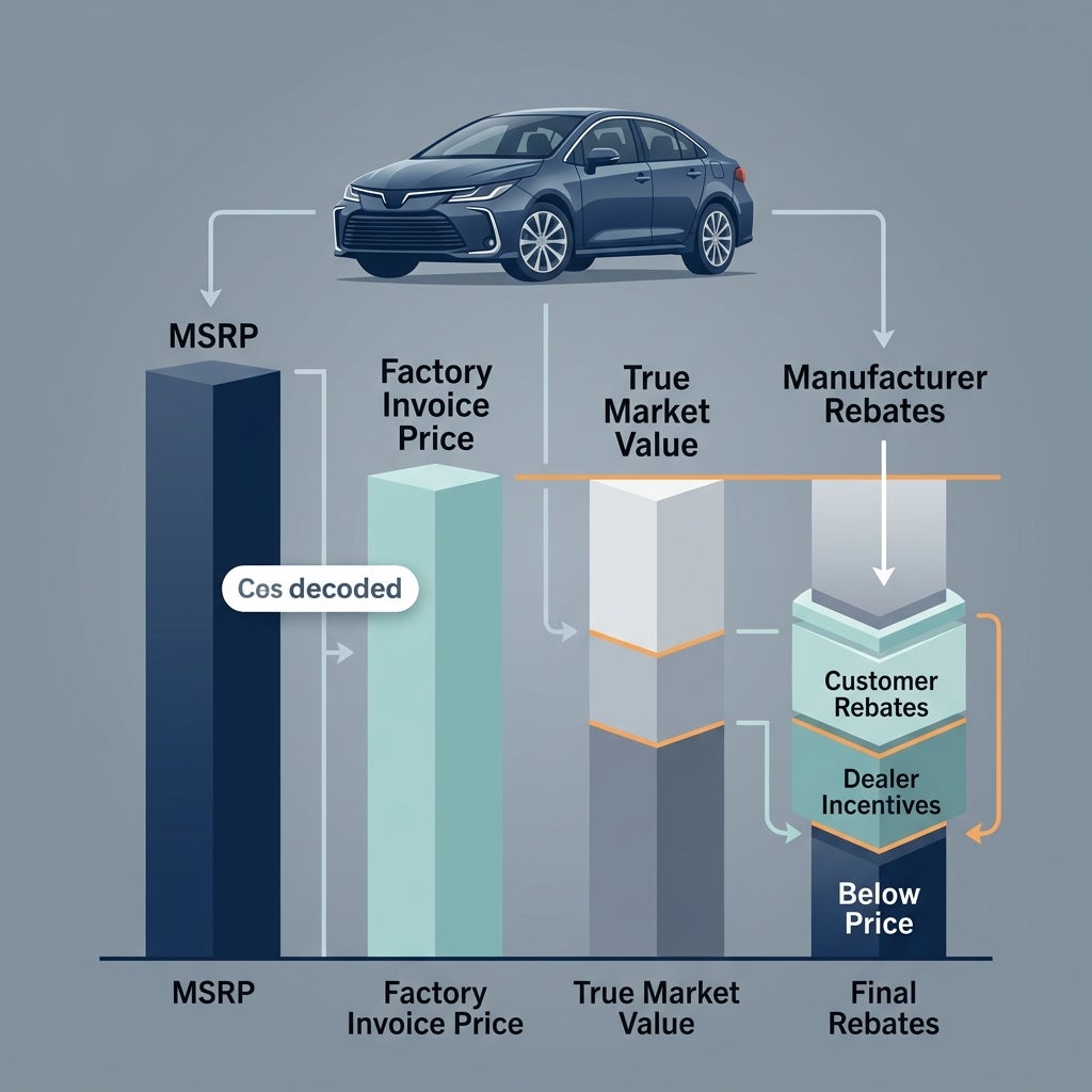 Infographic illustrating car pricing concepts from MSRP to factory invoice price, market value, and final rebates. (Representative image for illustration purposes only. Actual vehicle may vary based on trim and configuration.)