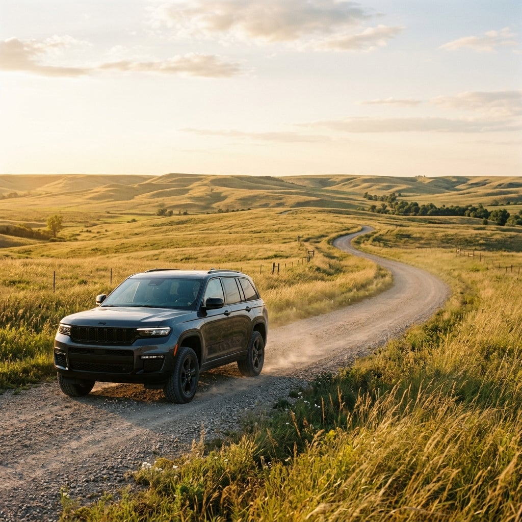 A dark SUV drives down a winding dirt road through golden, rolling hills during sunset. (Representative image for illustration purposes only. Actual vehicle may vary based on trim and configuration.)