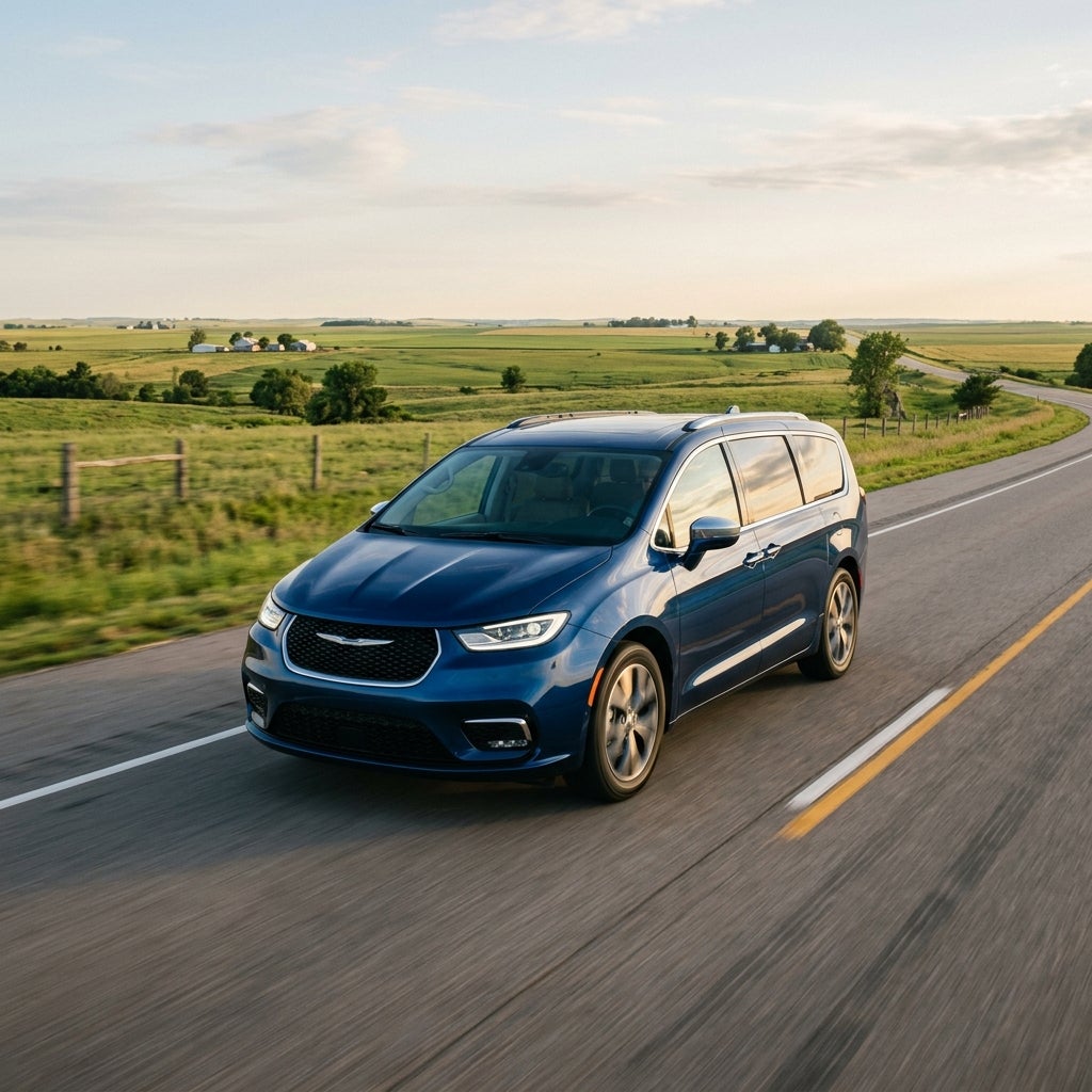 A dark blue Chrysler Pacifica minivan driving down a paved two-lane country road past green fields. (Representative image for illustration purposes only. Actual vehicle may vary based on trim and configuration.)