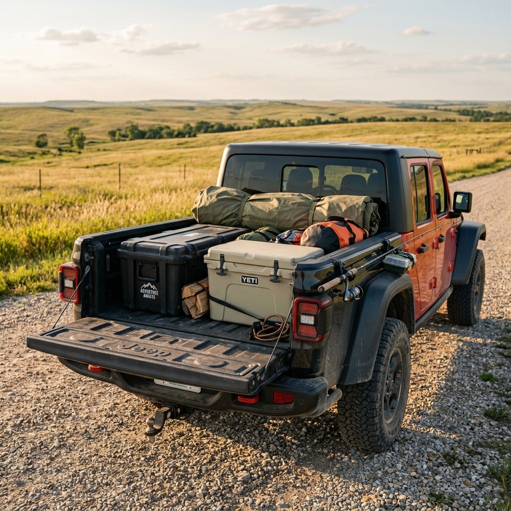 Open truck bed of a red Jeep Gladiator filled with a YETI cooler, camping gear, and fishing rod on a gravel road. (Representative image for illustration purposes only. Actual vehicle may vary based on trim and configuration.)