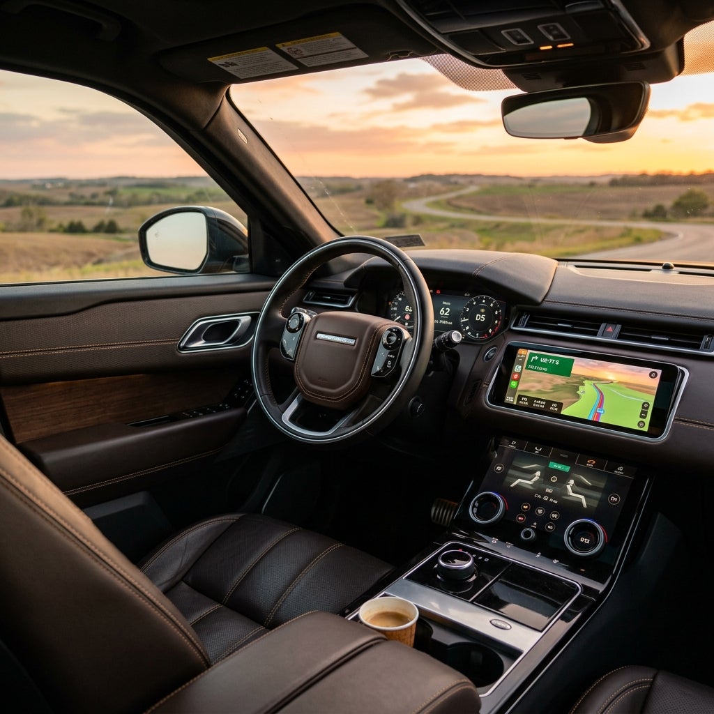 Luxury SUV interior featuring brown leather seats, dual touchscreens, and a scenic sunset view through the windshield. (Representative image for illustration purposes only. Actual vehicle may vary based on trim and configuration.)