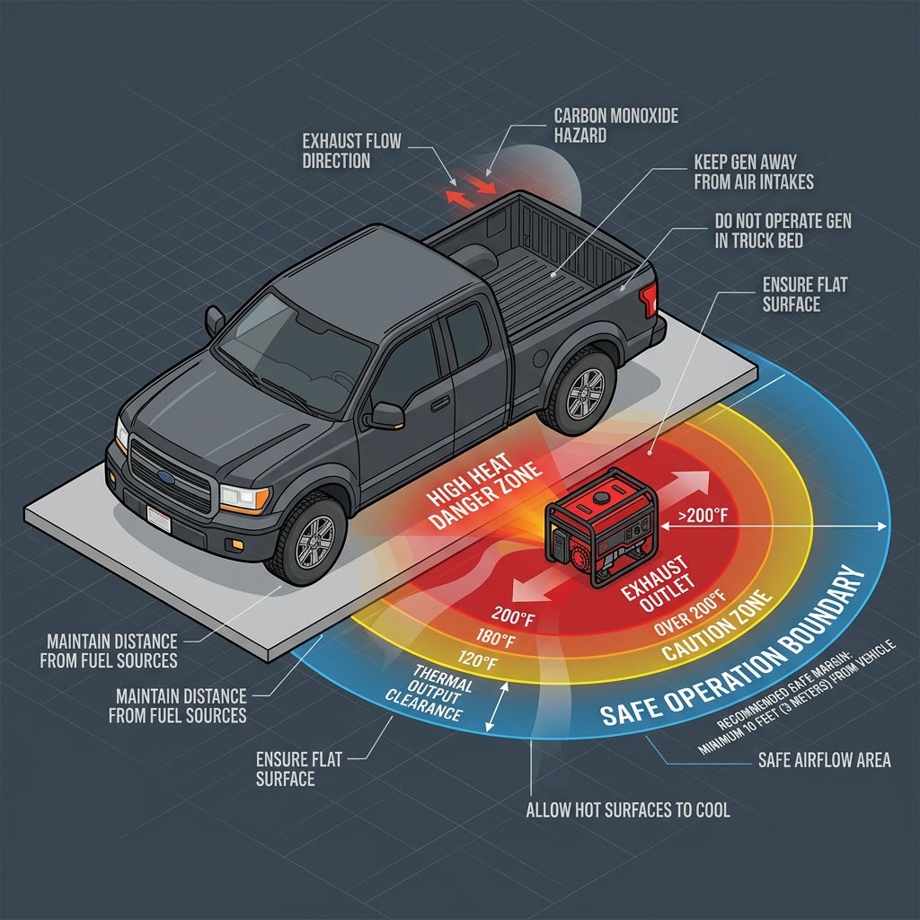 Infographic showing thermal danger zones and minimum safe distances for operating a portable generator near a truck. (Representative image for illustration purposes only. Actual vehicle may vary based on trim and configuration.)
