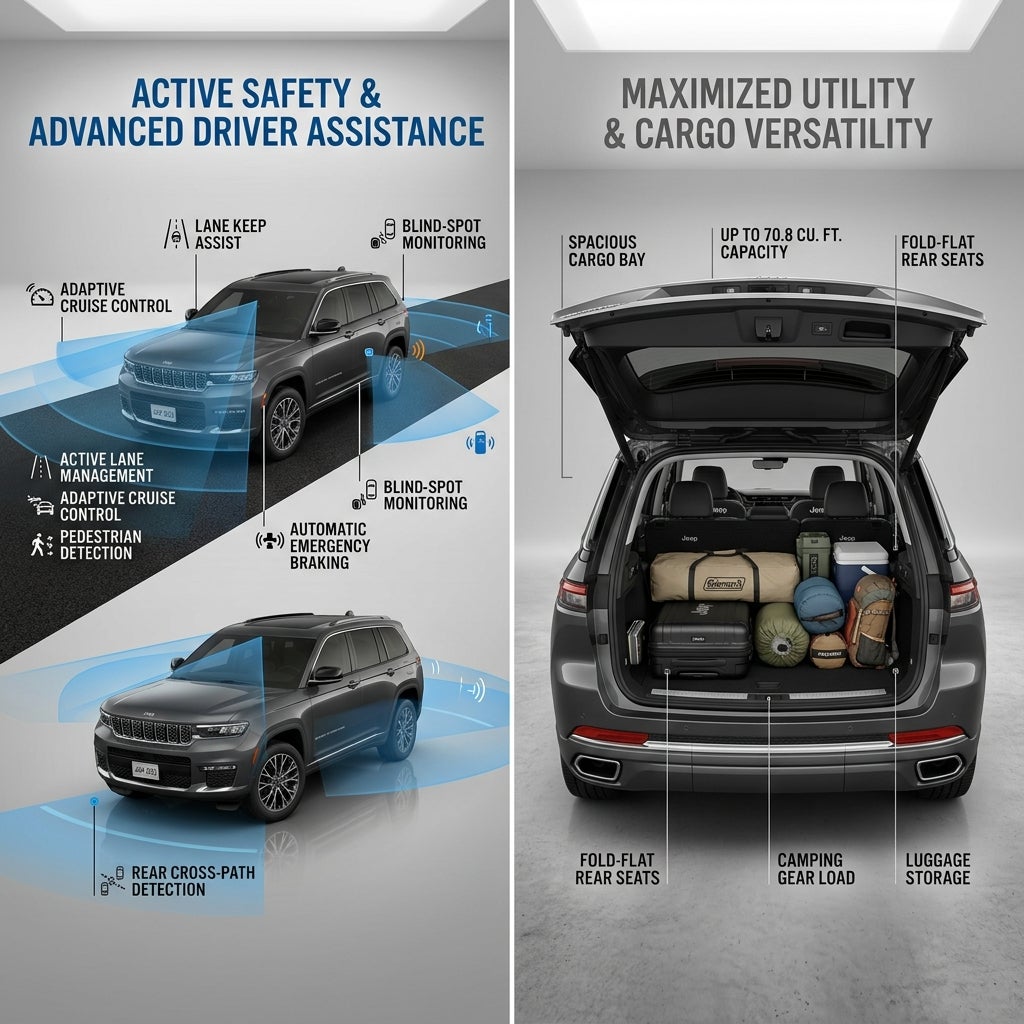 Infographic showing active safety driver assistance features on the left and maximized trunk cargo space on the right. (Representative image for illustration purposes only. Actual vehicle may vary based on trim and configuration.)