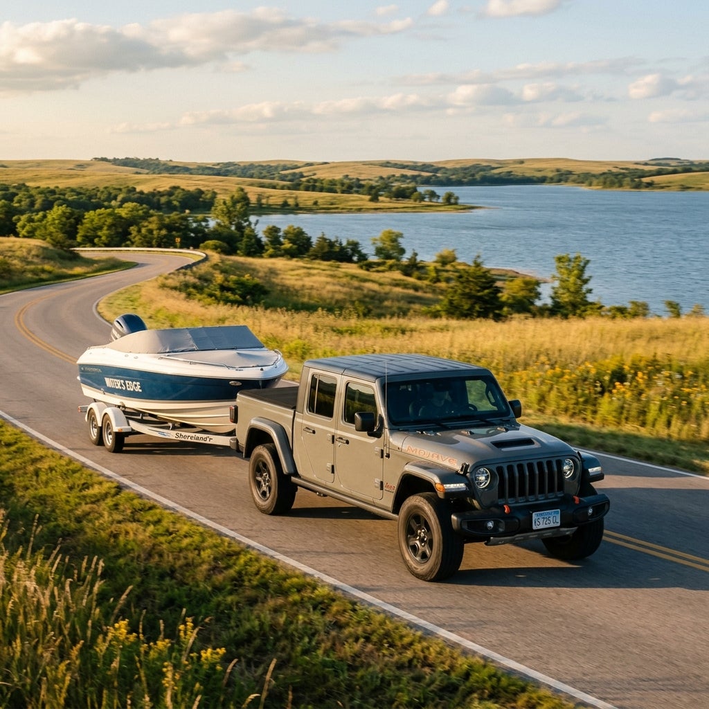 A gray Jeep Gladiator Mojave towing a blue boat on a trailer along a scenic road near a body of water. (Representative image for illustration purposes only. Actual vehicle may vary based on trim and configuration.)