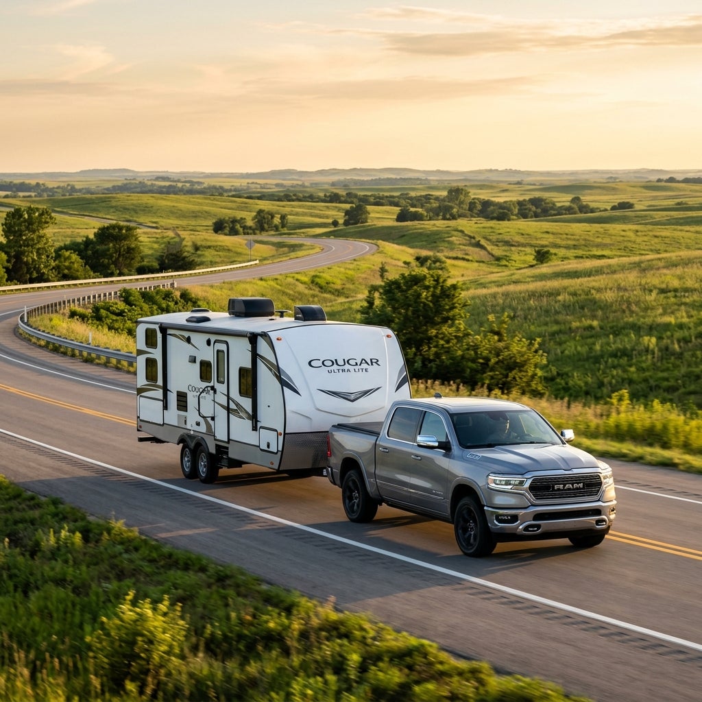 A silver RAM pickup truck towing a white Cougar travel trailer along a winding country highway. (Representative image for illustration purposes only. Actual vehicle may vary based on trim and configuration.)