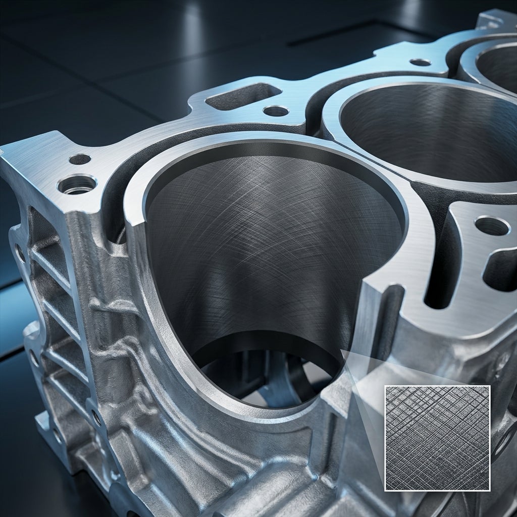 Metallic engine cylinder wall displaying a fine cross-hatch honing pattern with an inset zoom detail. (Representative image for illustration purposes only. Actual vehicle may vary based on trim and configuration.)