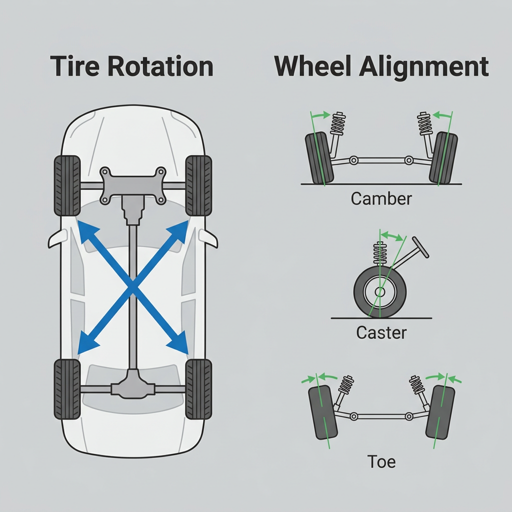 Diagram illustrating tire rotation patterns and wheel alignment settings including camber, caster, and toe. (Representative image for illustration purposes only. Actual vehicle may vary based on trim and configuration.)