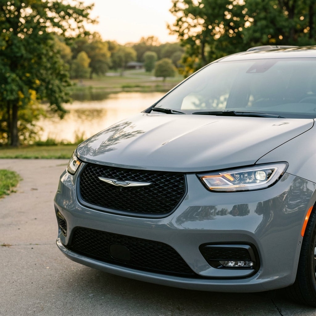 Front view of a slate gray Chrysler Pacifica parked on a paved path near a lake at sunset. (Representative image for illustration purposes only. Actual vehicle may vary based on trim and configuration.)