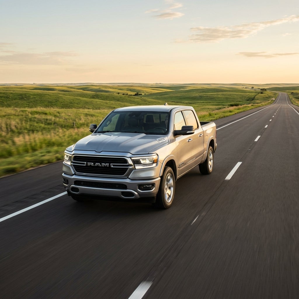 Silver Ram 1500 pickup truck driving on a paved highway through scenic rolling green hills at sunset. (Representative image for illustration purposes only. Actual vehicle may vary based on trim and configuration.)