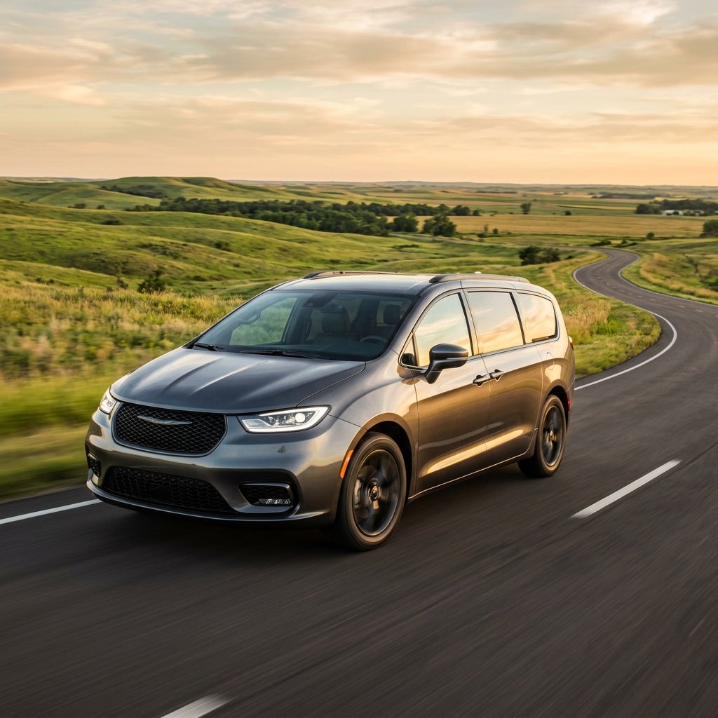 Grey Chrysler Pacifica driving along a winding asphalt road through green rolling hills at sunset. (Representative image for illustration purposes only. Actual vehicle may vary based on trim and configuration.)