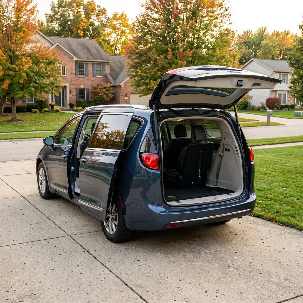 Dark blue minivan with open trunk hatch and sliding door parked in a suburban residential driveway. (Representative image for illustration purposes only. Actual vehicle may vary based on trim and configuration.)