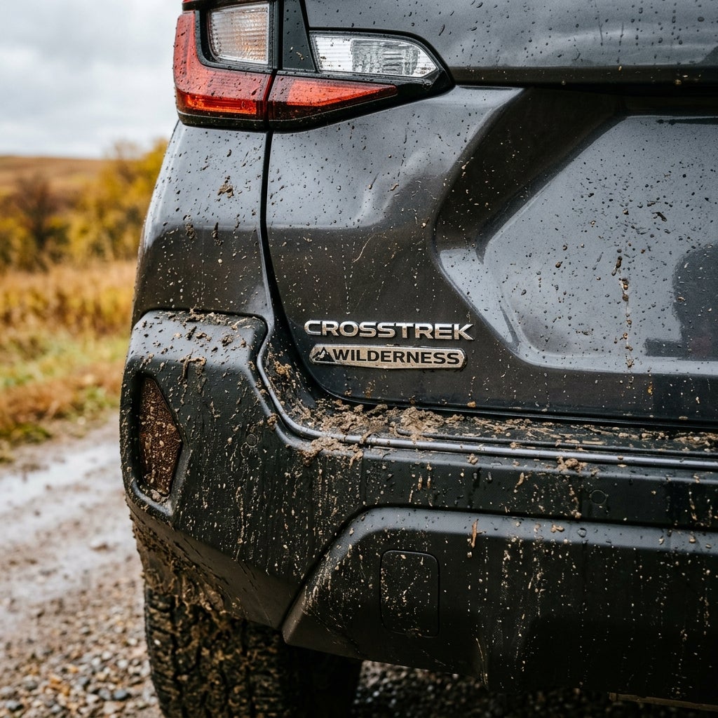 Rear badge of a mud-splattered dark gray Subaru Crosstrek Wilderness SUV on a dirt road. (Representative image for illustration purposes only. Actual vehicle may vary based on trim and configuration.)