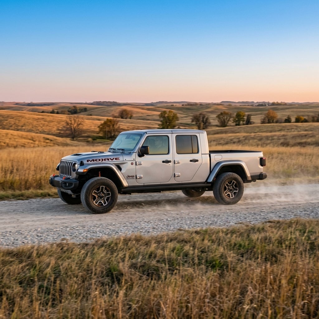 Silver Jeep Gladiator Mojave truck driving on a dusty gravel road through rolling countryside hills at sunset. (Representative image for illustration purposes only. Actual vehicle may vary based on trim and configuration.)