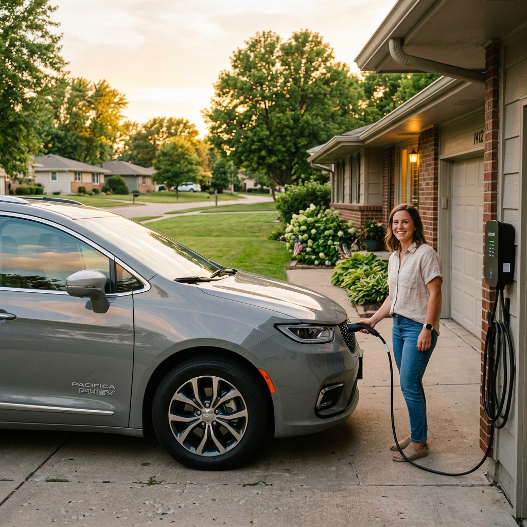 A woman smiles as she plugs a home charging cable into her grey hybrid minivan parked in a suburban driveway. (Representative image for illustration purposes only. Actual vehicle may vary based on trim and configuration.)