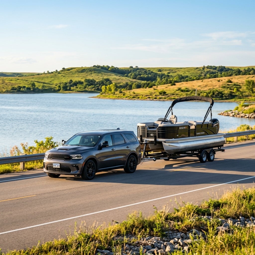 Dark grey Dodge Durango SUV towing a pontoon boat on a trailer along a scenic lakeside road. (Representative image for illustration purposes only. Actual vehicle may vary based on trim and configuration.)