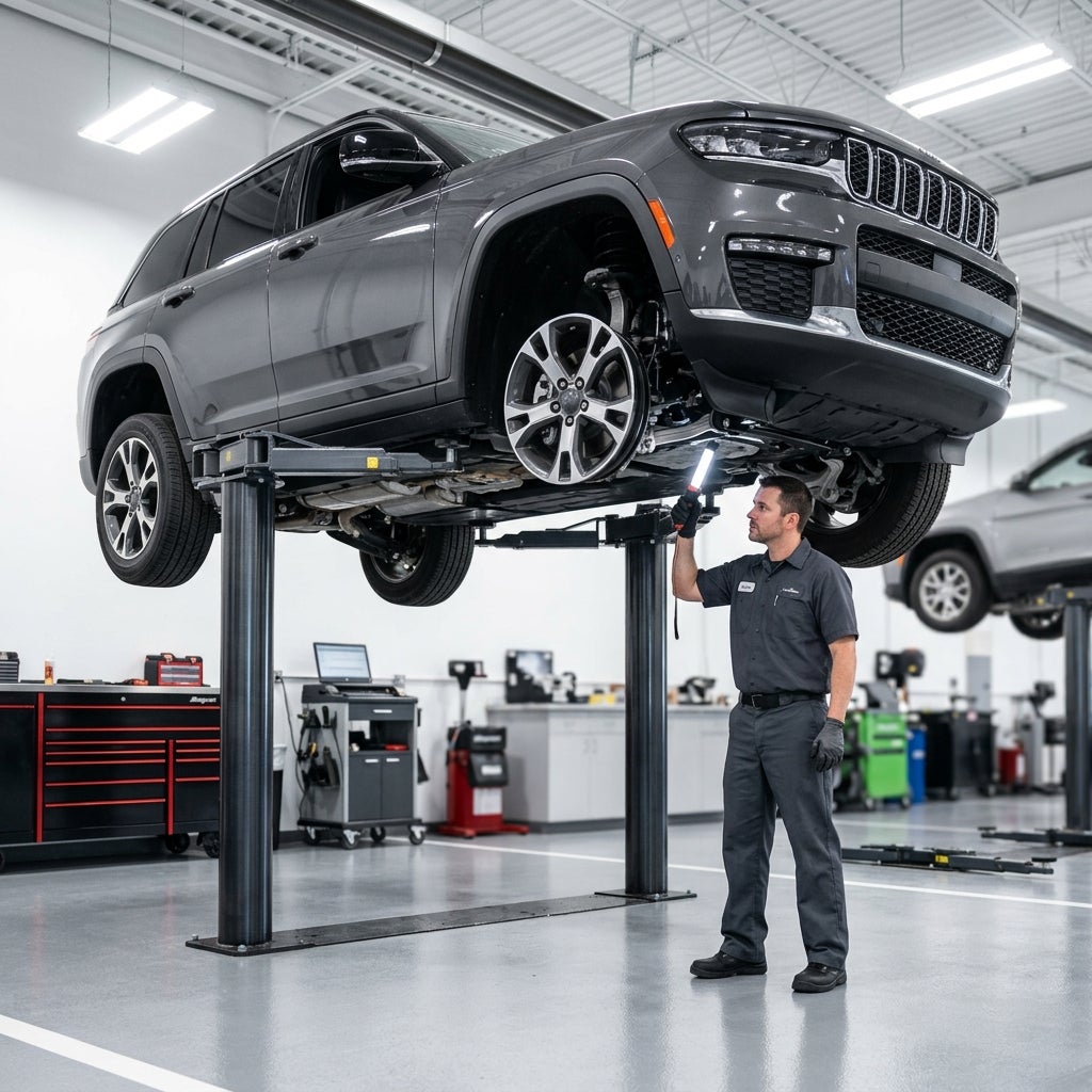 A mechanic in a grey uniform uses a work light to inspect the undercarriage of a grey SUV raised on a lift. (Representative image for illustration purposes only. Actual vehicle may vary based on trim and configuration.)