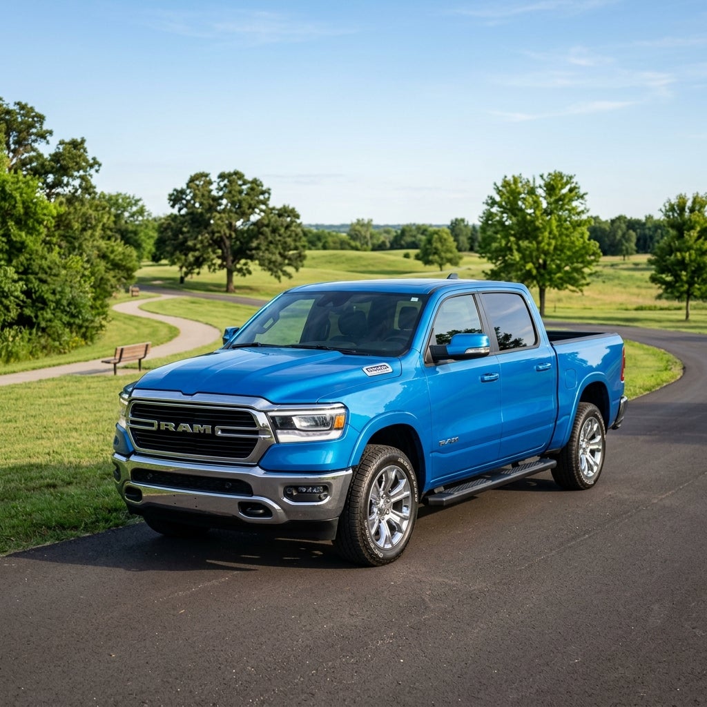 A bright blue Ram 1500 pickup truck parked on an asphalt path in a sunny green park. (Representative image for illustration purposes only. Actual vehicle may vary based on trim and configuration.)