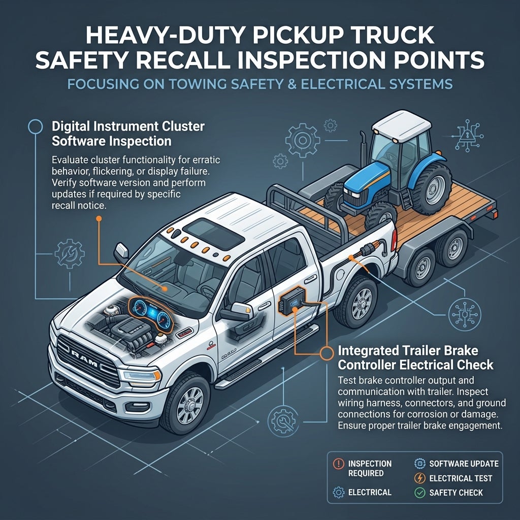 Diagram of heavy-duty pickup truck safety recall points showing instrument cluster and trailer brake controller checks. (Representative image for illustration purposes only. Actual vehicle may vary based on trim and configuration.)