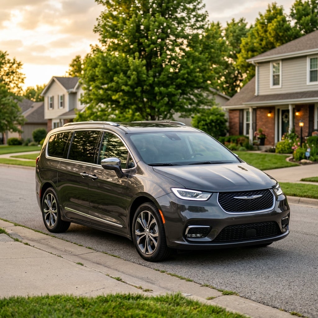 A sleek dark grey Chrysler Pacifica minivan parked on a quiet suburban street at sunset. (Representative image for illustration purposes only. Actual vehicle may vary based on trim and configuration.)